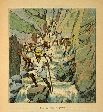 मेडागास्कर में युद्ध- 1885-1895 के फ्रांसीसी अभियानों का उपाख्यानात्मक इतिहास हेनरी गैली डिट गैलिचेट (1854-1922) द्वारा, लुई बॉम्बल्ड द्वारा सचित्र (1862-1927): 1895 में मालागासी कैरियर ट्रूप्स, निजी संग्रह द्वारा लुई चार्ल्स ने बमबारी की