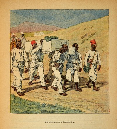 मेडागास्कर में युद्ध- 1885-1895 के फ्रांसीसी अभियानों का उपाख्यानात्मक इतिहास हेनरी गैली डिट गैलिचेट (1854-1922) द्वारा, लुई बॉम्बल्ड द्वारा सचित्र (1862-1927): 1895 में त्सारसाओत्रा में एक सैनिक का दफन, निजी संग्रह द्वारा लुई चार्ल्स ने बमबारी की