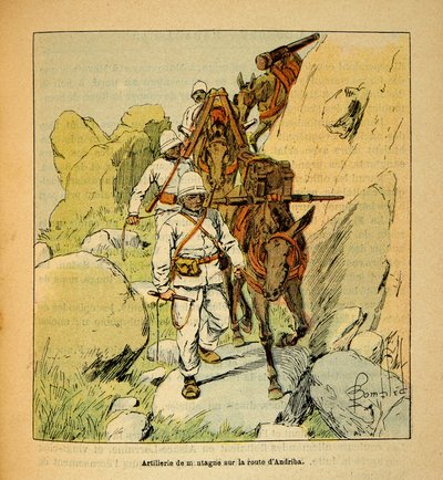 मेडागास्कर में युद्ध- 1885-1895 के फ्रांसीसी अभियानों का उपाख्यानात्मक इतिहास हेनरी गैली डिट गैलिचेट (1854-1922) द्वारा, लुई बॉम्बल्ड द्वारा सचित्र (1862-1927): 1895 में एंड्रीबा रोड से मेडागास्कर तक माउंटेन आर्टिलरी, निजी संग्रह द्वारा लुई चार्ल्स ने बमबारी की