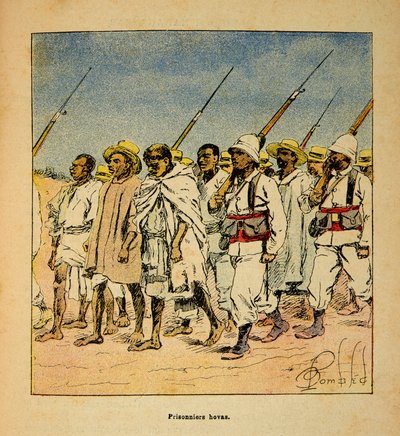 मेडागास्कर में युद्ध- 1885-1895 के फ्रांसीसी अभियानों का उपाख्यानात्मक इतिहास हेनरी गैली डिट गैलिचेट (1854-1922) द्वारा, लुई बॉम्बल्ड द्वारा सचित्र (1862-1927): 1895 में होवास कैदी, निजी संग्रह द्वारा लुई चार्ल्स ने बमबारी की