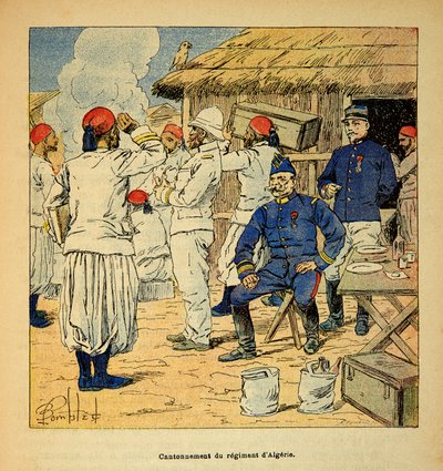 मेडागास्कर में युद्ध- 1885-1895 के फ्रांसीसी अभियानों का उपाख्यानात्मक इतिहास हेनरी गैली डिट गैलिचेट (1854-1922) द्वारा, लुई बॉम्बल्ड द्वारा सचित्र (1862-1927): 1895 में मेडागास्कर में फ्रांसीसी अभियान के दौरान अल्जीरिया की रेजिमेंट का कैंटोनेशन , पु द्वारा लुई चार्ल्स ने बमबारी की