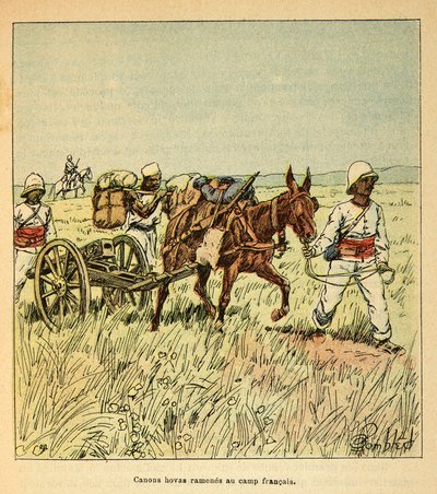 मेडागास्कर में युद्ध- 1885-1895 के फ्रांसीसी अभियानों का उपाख्यानात्मक इतिहास हेनरी गैली डिट गैलिचेट (1854-1922) द्वारा, लुई बॉम्बल्ड (1862-1927) द्वारा सचित्र: होवास कैनन फ्रांसीसी शिविर में वापस लाया गया, निजी संग्रह द्वारा लुई चार्ल्स ने बमबारी की