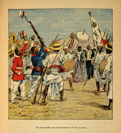 मेडागास्कर में युद्ध- 1885-1895 के फ्रांसीसी अभियानों का उपाख्यानात्मक इतिहास हेनरी गैली डिट गैलिचेट (1854-1922) द्वारा, लुई बॉम्बल्ड (1862-1927) द्वारा सचित्र: रानी राणावलोना ने 1895 में तानानारिव के प्रवेश द्वार का दौरा किया, निजी संग्रह द्वारा लुई चार्ल्स ने बमबारी की