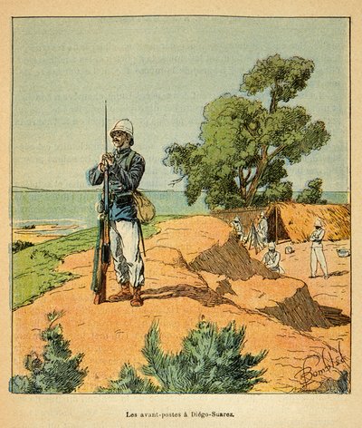 मेडागास्कर में युद्ध- 1885-1895 के फ्रांसीसी अभियानों का उपाख्यानात्मक इतिहास हेनरी गैली डिट गैलिचेट (1854-1922) द्वारा, लुई बॉम्बल्ड द्वारा सचित्र (1862-1927): 1885 में मेडागास्कर में डिएगो-सुआरेज़ में फ्रांसीसी चौकी, निजी संग्रह द्वारा लुई चार्ल्स ने बमबारी की