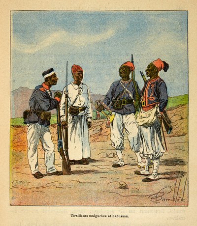 मेडागास्कर में युद्ध- 1885-1895 के फ्रांसीसी अभियानों का उपाख्यानात्मक इतिहास हेनरी गैली डिट गैलिचेट (1854-1922) द्वारा, लुई बॉम्बल्ड (1862-1927) द्वारा सचित्र: मालागासी और हॉउसस तिराइलर्स, निजी संग्रह द्वारा लुई चार्ल्स ने बमबारी की