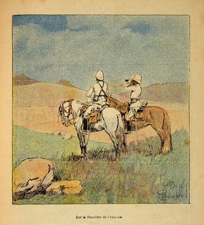 मेडागास्कर में युद्ध- 1885-1895 के फ्रांसीसी अभियानों का उपाख्यानात्मक इतिहास हेनरी गैली डिट गैलिचेट (1854-1922) द्वारा, लुई बॉम्बल्ड (1862-1927) द्वारा सचित्र: 1895 में मेडागास्कर के लिए इमर्ने की सीमा पर टोही में सैन्य, निजी संग्रह द्वारा लुई चार्ल्स ने बमबारी की