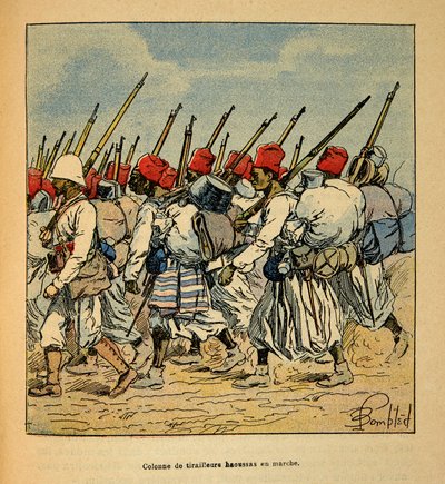 मेडागास्कर में युद्ध- 1885-1895 के फ्रांसीसी अभियानों का उपाख्यानात्मक इतिहास हेनरी गैली डिट गैलिचेट (1854-1922) द्वारा, लुई बॉम्बल्ड द्वारा सचित्र (1862-1927): 1895 में मार्चिंग हॉउसस तिराइलर्स का स्तंभ, निजी संग्रह द्वारा लुई चार्ल्स ने बमबारी की