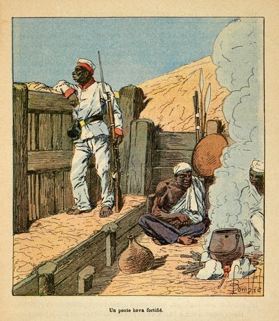 मेडागास्कर में युद्ध- 1885-1895 के फ्रांसीसी अभियानों का उपाख्यानात्मक इतिहास हेनरी गैली डिट गैलिचेट (1854-1922) द्वारा, लुई बॉम्बल्ड (1862-1927) द्वारा सचित्र: एक पोस्ट होवा फोर्टिफाई, निजी संग्रह द्वारा लुई चार्ल्स ने बमबारी की