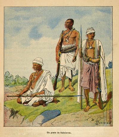 मेडागास्कर में युद्ध- 1885-1895 के फ्रांसीसी अभियानों का उपाख्यानात्मक इतिहास हेनरी गैली डिट गैलिचेट (1854-1922) द्वारा, लुई बॉम्बल्ड द्वारा सचित्र (1862-1927): योद्धा सकलावास, निजी संग्रह द्वारा लुई चार्ल्स ने बमबारी की