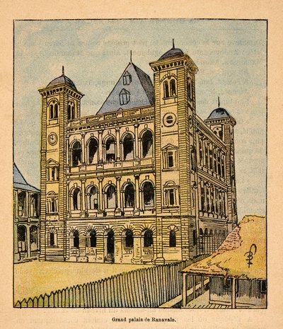 मेडागास्कर में युद्ध- 1885-1895 के फ्रांसीसी अभियानों का उपाख्यानात्मक इतिहास हेनरी गैली डिट गैलीचेट (1854-1922) द्वारा, लुई बॉम्बल्ड (1862-1927) द्वारा सचित्र: ताननारिव में रानी राणावलोना III का ग्रैंड पैलेस, निजी संग्रह द्वारा लुई चार्ल्स ने बमबारी की