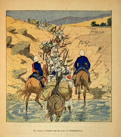 मेडागास्कर में युद्ध- 1885-1895 के फ्रांसीसी अभियानों का उपाख्यानात्मक इतिहास हेनरी गैली डिट गैलिचेट (1854-1922) द्वारा, लुई बॉम्बल्ड (1862-1927) द्वारा सचित्र: 1895 में सबरबीविले के लिए सड़क पर एक सैन्य काफिला, निजी संग्रह द्वारा लुई चार्ल्स ने बमबारी की