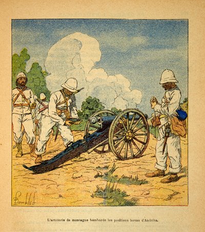 मेडागास्कर में युद्ध- 1885-1895 के फ्रांसीसी अभियानों का उपाख्यानात्मक इतिहास हेनरी गैली डिट गैलिचेट (1854-1922) द्वारा, लुई बॉम्बल्ड (1862-1927) द्वारा सचित्र: पर्वत तोपखाने ने 1895 में होवास ए एंड्रिबा की स्थिति पर बमबारी की, निजी संग्रह द्वारा लुई चार्ल्स ने बमबारी की