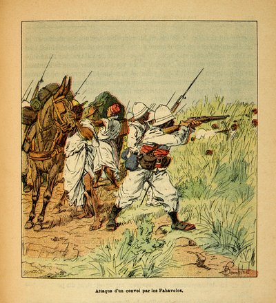 मेडागास्कर में युद्ध- 1885-1895 के फ्रांसीसी अभियानों का उपाख्यानात्मक इतिहास हेनरी गैली डिट गैलिचेट (1854-1922) द्वारा, लुई बॉम्बल्ड द्वारा सचित्र (1862-1927): फहावोलोस द्वारा एक सैन्य काफिले का हमला, निजी संग्रह द्वारा लुई चार्ल्स ने बमबारी की