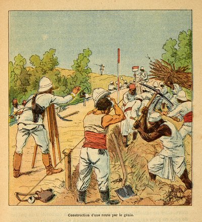 मेडागास्कर में युद्ध- 1885-1895 के फ्रांसीसी अभियानों का उपाख्यानात्मक इतिहास हेनरी गैली डिट गैलिचेट (1854-1922) द्वारा, लुई बॉम्बल्ड द्वारा सचित्र (1862-1927): 1895 में जिनी द्वारा मेडागास्कर में एक सड़क का निर्माण, निजी संग्रह द्वारा लुई चार्ल्स ने बमबारी की