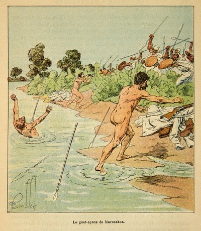 मेडागास्कर में युद्ध- 1885-1895 के फ्रांसीसी अभियानों का उपाख्यानात्मक इतिहास हेनरी गैली डिट गैलीचेट (1854-1922) द्वारा, लुई बॉम्बल्ड (1862-1927) द्वारा सचित्र: सकालेव्स ने 1895 में मारोसाकोआ में फ्रांसीसी वार्ताकारों पर हमला किया, निजी संग्रह द्वारा लुई चार्ल्स ने बमबारी की