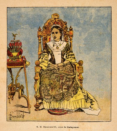 मेडागास्कर में युद्ध- 1885-1895 के फ्रांसीसी अभियानों का उपाख्यानात्मक इतिहास हेनरी गैली डिट गैलिचेट (1854-1922) द्वारा, लुई बॉम्बल्ड (1862-1927) द्वारा सचित्र: रानी राणावलोना III (1861-1917) का पोर्ट्रेट मेडागास्कर की रानी, निजि संग्रह द्वारा लुई चार्ल्स ने बमबारी की