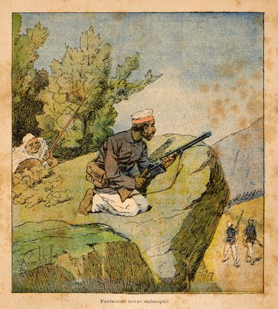 मेडागास्कर में युद्ध- 1885-1895 के फ्रांसीसी अभियानों का उपाख्यानात्मक इतिहास हेनरी गैली डिट गैलीचेट (1854-1922) द्वारा, लुई बॉम्बल्ड द्वारा सचित्र (1862-1927): होवास एंबुश, निजी संग्रह द्वारा लुई चार्ल्स ने बमबारी की