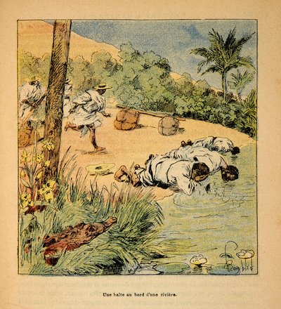 मेडागास्कर में युद्ध- 1885-1895 के फ्रांसीसी अभियानों का उपाख्यानात्मक इतिहास हेनरी गैली डिट गैलिचेट (1854-1922) द्वारा, लुई बॉम्बल्ड (1862-1927) द्वारा सचित्र: 1895 में नदी द्वारा एक पड़ाव, निजी संग्रह द्वारा लुई चार्ल्स ने बमबारी की