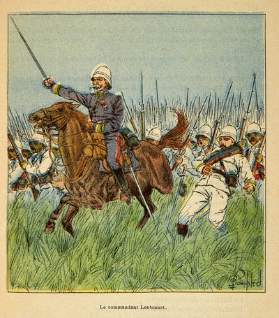 मेडागास्कर में युद्ध- 1885-1895 के फ्रांसीसी अभियानों का उपाख्यानात्मक इतिहास हेनरी गैली डिट गैलिचेट (1854-1922) द्वारा, लुई बॉम्बल्ड (1862-1927) द्वारा सचित्र: फ्रांसीसी सैनिकों के साथ कमांडर लेंटननेट (1840-1896)। ज़ारसाओत्रा की रक्षा द्वारा लुई चार्ल्स ने बमबारी की