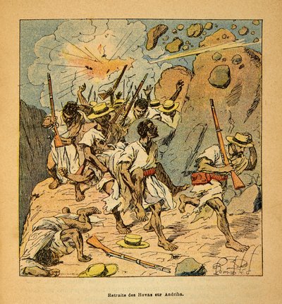 मेडागास्कर में युद्ध- 1885-1895 के फ्रांसीसी अभियानों का उपाख्यानात्मक इतिहास हेनरी गैली डिट गैलिचेट (1854-1922) द्वारा, लुई बॉम्बल्ड (1862-1927) द्वारा सचित्र: एंड्रिबा पर होवास की वापसी, निजी संग्रह द्वारा लुई चार्ल्स ने बमबारी की