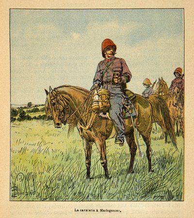 मेडागास्कर में युद्ध- 1885-1895 के फ्रांसीसी अभियानों का उपाख्यानात्मक इतिहास हेनरी गैली डिट गैलिचेट (1854-1922) द्वारा, लुई बॉम्बल्ड (1862-1927) द्वारा सचित्र: ला कैवेलरी फ़्रैन्काइज़ à मेडागास्कर, संग्रह आंशिक द्वारा लुई चार्ल्स ने बमबारी की