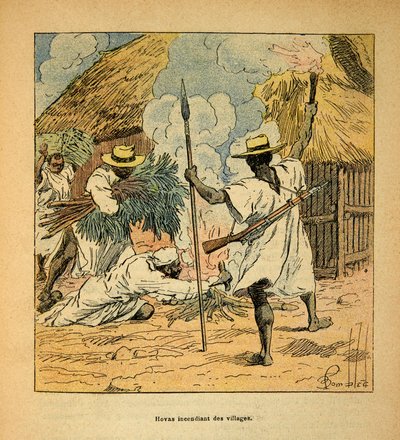 मेडागास्कर में युद्ध- 1885-1895 के फ्रांसीसी अभियानों का उपाख्यानात्मक इतिहास हेनरी गैली डिट गैलीचेट (1854-1922) द्वारा, लुई बॉम्बल्ड द्वारा सचित्र (1862-1927): होवास जलते हुए गाँव, निजी संग्रह द्वारा लुई चार्ल्स ने बमबारी की