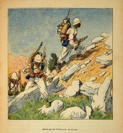 मेडागास्कर में युद्ध- 1885-1895 के फ्रांसीसी अभियानों का उपाख्यानात्मक इतिहास हेनरी गैली डिट गैलिचेट (1854-1922) द्वारा, लुई बॉम्बल्ड (1862-1927) द्वारा सचित्र: 1895 में मेडागास्कर में पैदल सेना के अवंत-गार्डे, निजी संग्रह द्वारा लुई चार्ल्स ने बमबारी की