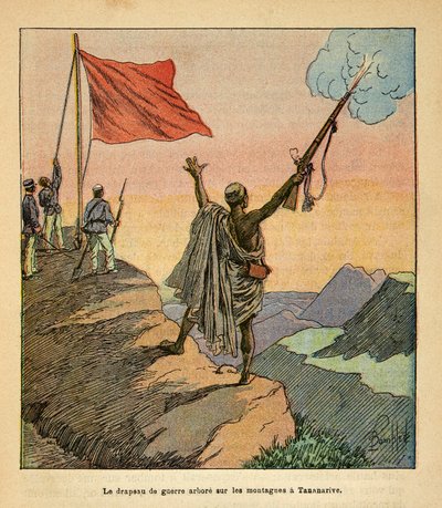मेडागास्कर में युद्ध- 1885-1895 के फ्रांसीसी अभियानों का उपाख्यानात्मक इतिहास हेनरी गैली डिट गैलिचेट (1854-1922) द्वारा, लुई बॉम्बल्ड (1862-1927) द्वारा सचित्र: टैनारिवे पर्वत पर मालागासी रेड वॉर फ्लैग प्लांट, निजी संग्रह द्वारा लुई चार्ल्स ने बमबारी की