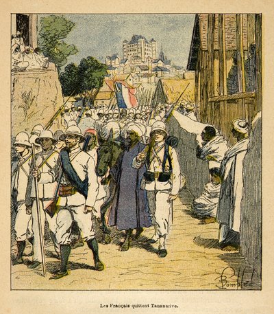मेडागास्कर में युद्ध- 1885-1895 के फ्रांसीसी अभियानों का उपाख्यानात्मक इतिहास हेनरी गैली डिट गैलिचेट (1854-1922) द्वारा, लुई बॉम्बल्ड द्वारा सचित्र (1862-1927): 1895 में ताननान्रिव में फ्रांसीसी आर्मी, निजी संग्रह द्वारा लुई चार्ल्स ने बमबारी की
