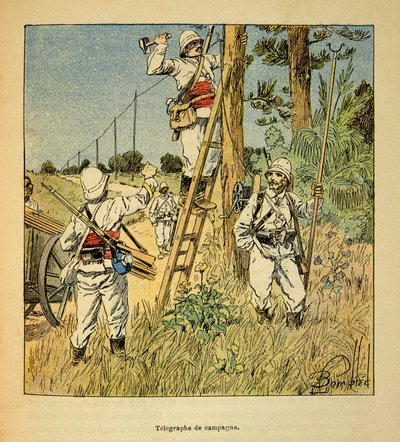 1885-1895 के फ्रांसीसी अभियानों के मेडागास्कर-उपाख्यानात्मक इतिहास में युद्ध हेनरी गैली डिट गैलिचेट (1854-1922) द्वारा, लुई बॉम्बल्ड (1862-1927) द्वारा सचित्र: 1895 में मेडागास्कर में सेना द्वारा अभियान टेलीग्राफ का कार्यान्वयन, निजी कोल द्वारा लुई चार्ल्स ने बमबारी की
