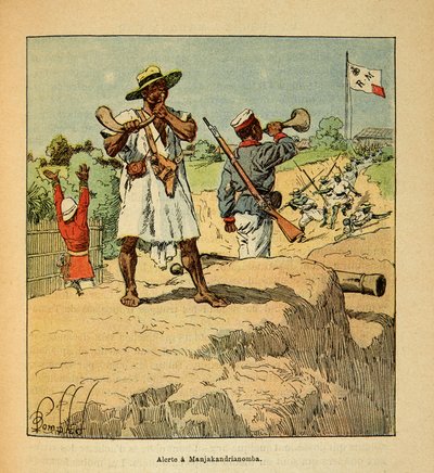 1885-1895 के फ्रांसीसी अभियानों के मेडागास्कर-उपाख्यानात्मक इतिहास में युद्ध हेनरी गैली डिट गैलिचेट (1854-1922) द्वारा, लुई बॉम्बल्ड (1862-1927) द्वारा सचित्र: 1895 में फ्रांसीसी सैनिकों के आगमन पर मांजकांद्रियनोम्बा में मालागासी सैनिकों को अलर्ट पर रखा गय द्वारा लुई चार्ल्स ने बमबारी की