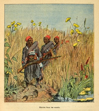 1885-1895 के फ्रांसीसी अभियानों के मेडागास्कर-उपाख्यानात्मक इतिहास में युद्ध हेनरी गैली डिट गैलिचेट (1854-1922) द्वारा, लुई बॉम्बल्ड (1862-1927) द्वारा सचित्र: 1895 में मेडागास्कर में दलदल में अभियान पर फ्रांसीसी सैनिक, निजी संग्रह द्वारा लुई चार्ल्स ने बमबारी की
