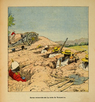1885-1895 के फ्रांसीसी अभियानों के मेडागास्कर-उपाख्यान इतिहास में युद्ध हेनरी गैली डिट गैलिचेट (1854-1922) द्वारा, लुई बॉम्बल्ड (1862-1927) द्वारा सचित्र: 1895 में टैनरिव के लिए सड़क पर होवास ट्रूप ट्रेंच, निजी संग्रह द्वारा लुई चार्ल्स ने बमबारी की