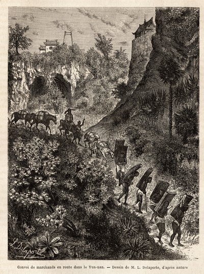 1866-1868 में जहाज के लेफ्टिनेंट फ्रांसिस गार्नियर द्वारा इंडोचाइना में अन्वेषण की यात्रा को चित्रित करने के लिए, युन्नान (चीन) के रास्ते में व्यापारियों और उनके कुलियों का एक काफिला, एल। डेलापोर्टे के चित्र के बाद उकेरा गया, "ले" में प्रकाशित हु द्वारा लुई डेलापोर्टे