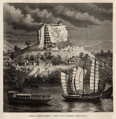 1866-1868 में जहाज के लेफ्टिनेंट फ्रांसिस गार्नियर द्वारा इंडोचाइना में अन्वेषण की यात्रा को चित्रित करने के लिए, पैगोडा चरणों के साथ एक चट्टान, और नीली नदी (चीन) पर विभिन्न नावें, एल। डेलापोर्ट के चित्र के बाद उत्कीर्णन, "में प्रकाशित" " ले द्वारा लुई डेलापोर्टे