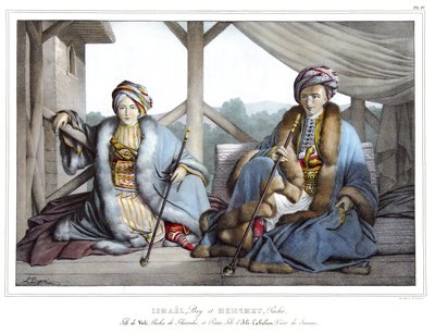 इस्माइल, बे और मेहमत पाशा, वेली के बेटे, थिसली के पाशा और अली टेबेलन (1741-1822) के पोते, जेनिना के वज़ीर, "" एथेंस और कॉन्स्टेंटिनोपल की यात्रा, या ग्रीक और तुर्क चित्रों, विचारों और परिधानों का संग्रह, नटूस के स्थानों पर चित्रित द्वारा लुई डुप्रे