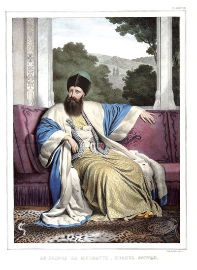 मोल्दोवा के राजकुमार, माइकल सौत्ज़ो (1729-1830)। "" एथेंस और कॉन्स्टेंटिनोपल की यात्रा, या ग्रीक और तुर्क चित्रों, विचारों और परिधानों का संग्रह, लुई डुप्रे (1789-1837), डेव के छात्र द्वारा प्रकृति, लिथोग्राफ और रंगों द्वारा चित्रित स्थानों पर चि द्वारा लुई डुप्रे