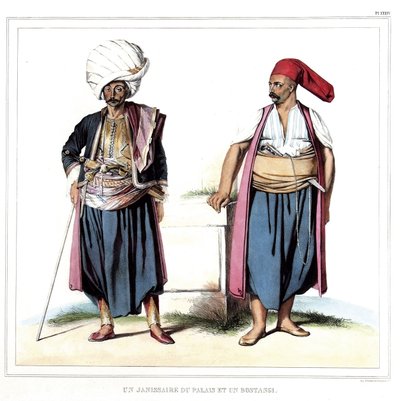 महल की एक जनिसरी और एक बोस्तंगी (सीरेल का माली)। "" एथेंस और कॉन्स्टेंटिनोपल की यात्रा, या ग्रीक और तुर्क चित्रों, विचारों और परिधानों का संग्रह, लुई डुप्रे द्वारा प्रकृति, लिथोग्राफ और रंगों के स्थानों पर चित्रित (1789-183 द्वारा लुई डुप्रे