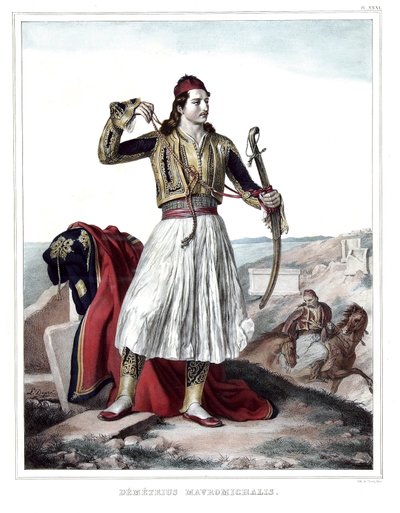 डेमेट्रियस मावरोमिचलिस, ग्रीक सैनिक और देशभक्त। "" एथेंस और कॉन्स्टेंटिनोपल की यात्रा, या ग्रीक और तुर्क चित्रों, विचारों और परिधानों का संग्रह, लुई डुप्रे (1789-1837), दा के शिष्य द्वारा प्रकृति, लिथोग्राफ और रंगों के स्थानों पर चित्रित किया गया द्वारा लुई डुप्रे