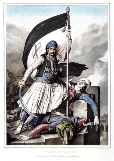 निकोलाकी नाइट्रोपोलोस, ओटोमन साम्राज्य से लिए गए सलोना के किले में क्रॉस के मानक पहने हुए, ईस्टर दिवस 1821। "" एथेंस और कॉन्स्टेंटिनोपल की यात्रा, या ग्रीक और तुर्क चित्रों, विचारों और परिधानों का संग्रह, पर चित्रित द्वारा लुई डुप्रे