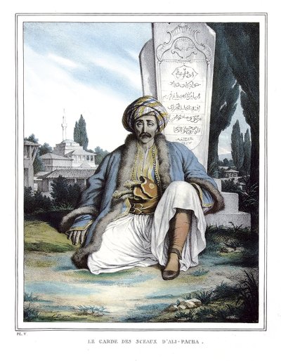 द गार्जियन ऑफ़ द सील्स ऑफ़ अली पाशा डी जेनिना (1741-1822), "" वॉयज ए एथेंस एंड ए कॉन्स्टेंटिनोपल में, या ग्रीक और ओटोमन चित्रों, विचारों और परिधानों का संग्रह, लुई डुप्रे द्वारा प्रकृति, लिथोग्राफ और रंगों के स्थानों पर चित्रित किया गया है। (१७८९ द्वारा लुई डुप्रे