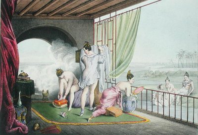 उनके शौचालय में स्नान करने वाले, 1824-27 प्रकाशित (कलर लिथो) द्वारा लुई जैक्स निकोलस शाल