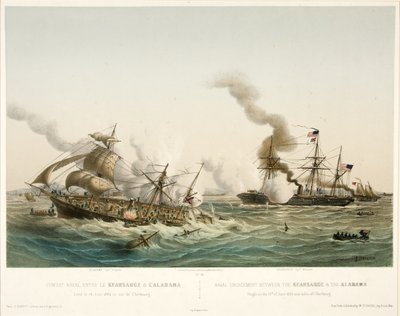 कॉम्बैट नेवल एन्ट्रे ले क्रेजेज एंड एल अलबामा, पब। 1864 (रंग लिथोग्राफ) द्वारा लुई ले ब्रेटन