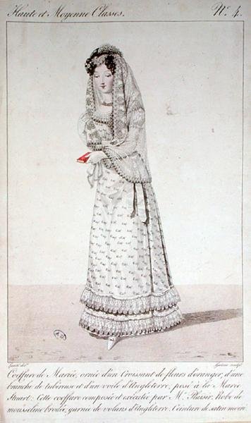 19वीं सदी की शुरुआत में जॉर्ज जैक्स गैटिन (1773-1831) द्वारा उकेरी गई 'हाउते एट मोयेन क्लासेस' श्रृंखला से शादी की पोशाक और पोशाक, फैशन प्लेट नंबर 4 (रंगीन उत्कीर्णन) द्वारा लुई मैरी (बाद में) लैंटे