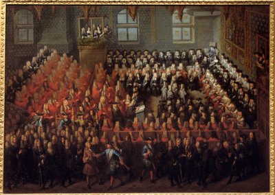 लुई XIV (1710-1774) द्वारा पेरिस की संसद के ग्रैंड चैंबर में लुई XIV (1638-1715) की इच्छा को तोड़ने के लिए आयोजित न्याय का बिस्तर द्वारा लुई मिशेल डूमनील