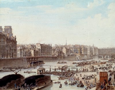 1782 में पेरिस में बंदरगाह की गोदी पर समुद्री जीवन और सीन पर व्यावसायिक गतिविधियाँ। विवरण। लुई डी लेस्पिनासे (१७३४-१८०८) १७८२ द्वारा चित्रकारी। पेरिस, मुसी कार्नावाले द्वारा लुई निकोलस डी लेस्पिनसे