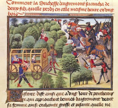 सुश्री 5072 f.6v Aigremont की डचेस ने दो बेटों को कैसे जन्म दिया और एक ही घंटे में उन्हें एक लकड़ी में खो दिया, रेनॉड डी मंटुबन चक्र से द्वारा Loyset Liedet