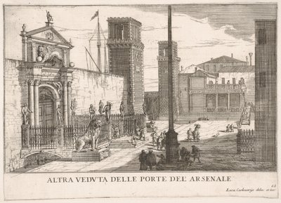 प्लेट 63: शिपयार्ड और शस्त्रागार परिसर आर्सेनेल, वेनिस, 1703, fr ..., 1703 के गेट का दृश्य। द्वारा लुका कार्वेलरिज