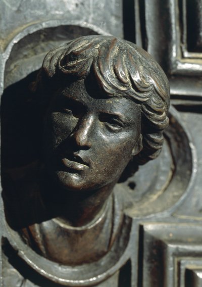 गिउलिआनो डी मेडिसी के प्रमुख, लुका डेला रोबिया (1400-1481) द्वारा दरवाजे पर कांस्य के काम से विस्तार। न्यू सैक्रिस्टी, कैथेड्रल ऑफ सांता मारिया डेल फिओर, फ्लोरेंस। इटली द्वारा लुका डेला रोबिया