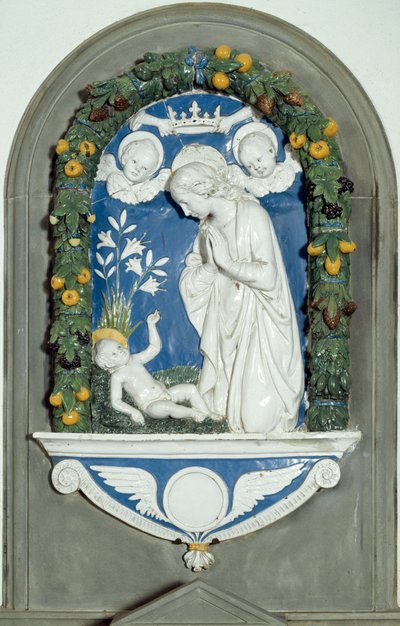 लुका डेला रोबिया (1400-1482) द्वारा वर्जिन एडोरिंग द चाइल्ड हाई रिलीफ, इटली के वर्ना की 15 वीं शताब्दी द्वारा लुका डेला रोबिया